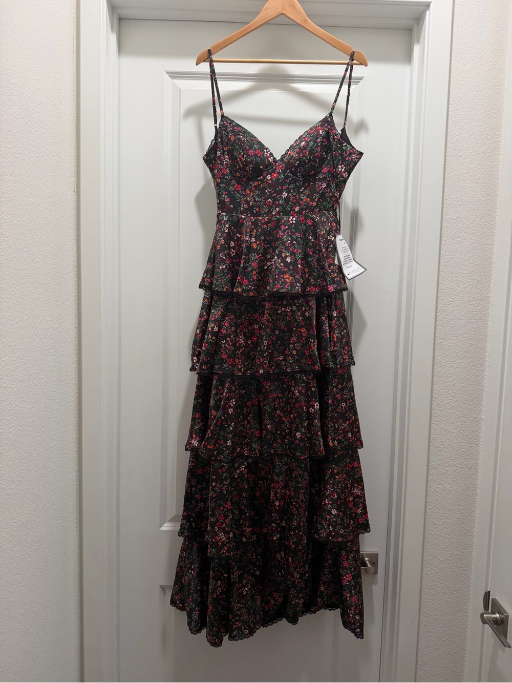Macy's Black Floral Tiered Maxi Dress with Spaghetti Straps